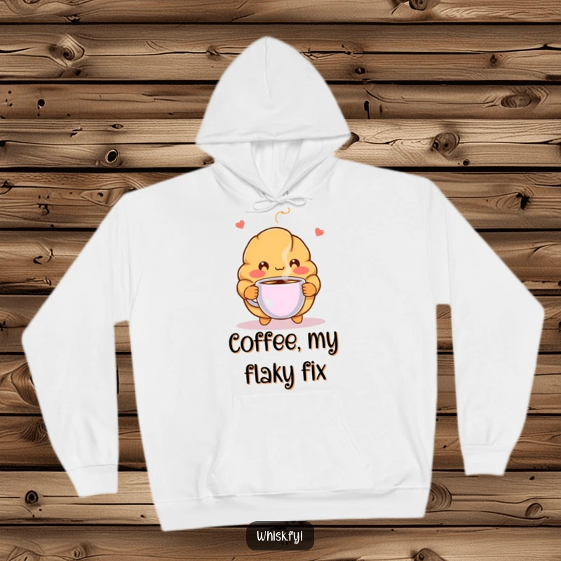 Funny hoodie featuring a blushing croissant character offering a warm cup of coffee, ideal for cozy moments and coffee enthusiasts.