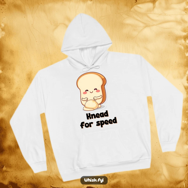 Funny, smiling bread character kneading dough, depicted on a comfortable hoodie, ideal for baking enthusiasts.