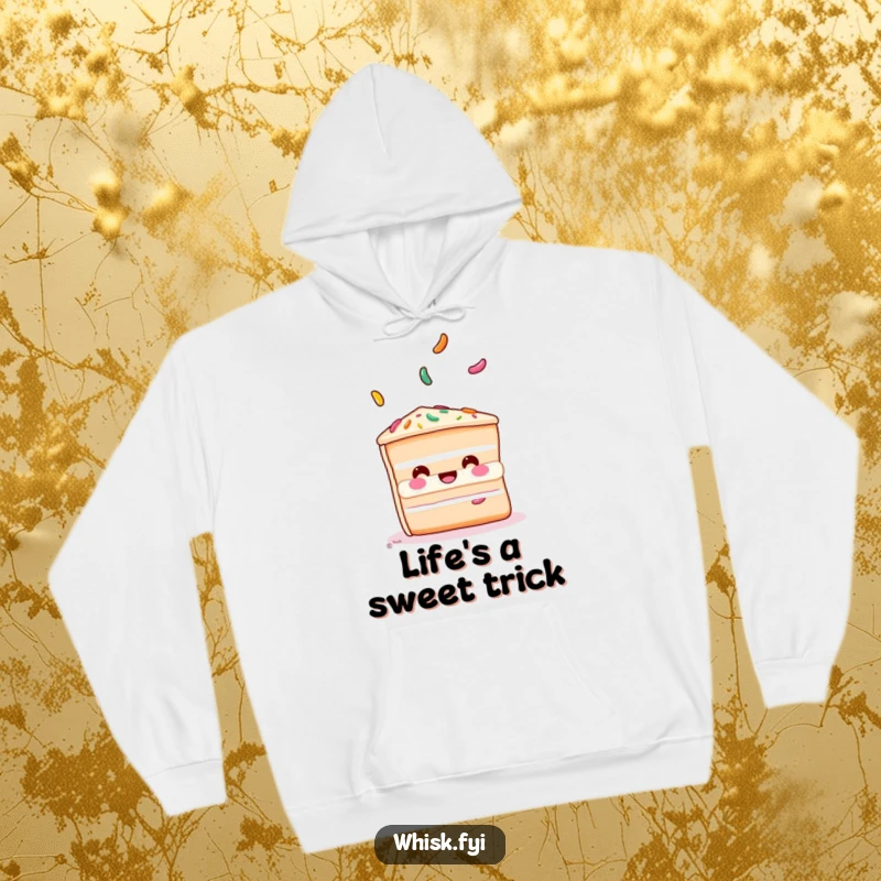 Funny cake hoodie featuring a playful slice of cake juggling sprinkles, perfect for cozying up with a sweet treat.