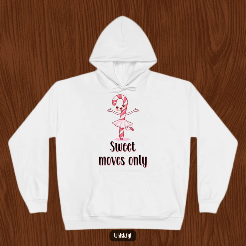 Funny Candy Cane Hoodie showcasing a cheerful candy cane performing a ballet twirl, combining warmth with festive charm.