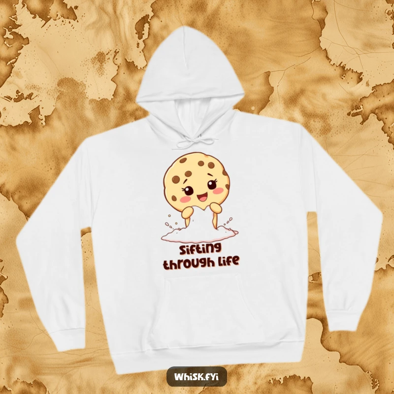Funny hoodie featuring a giggling cookie character sifting flour, ideal for staying cozy while baking.