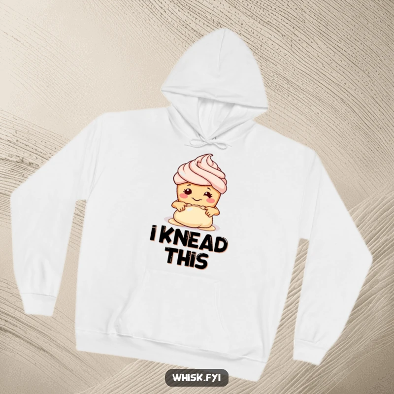 Funny hoodie with a smiling cupcake baker, hands busy kneading dough, a cozy and humorous apparel choice.