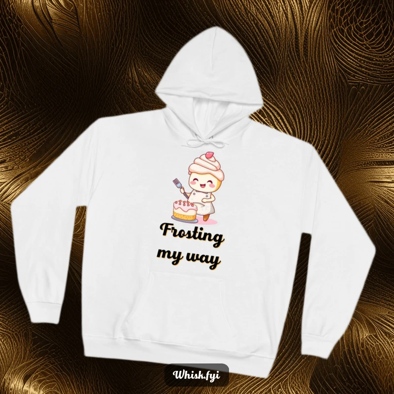 Funny hoodie: A smiling cupcake wearing an apron, joyfully decorating a cake, embodying the spirit of baking.
