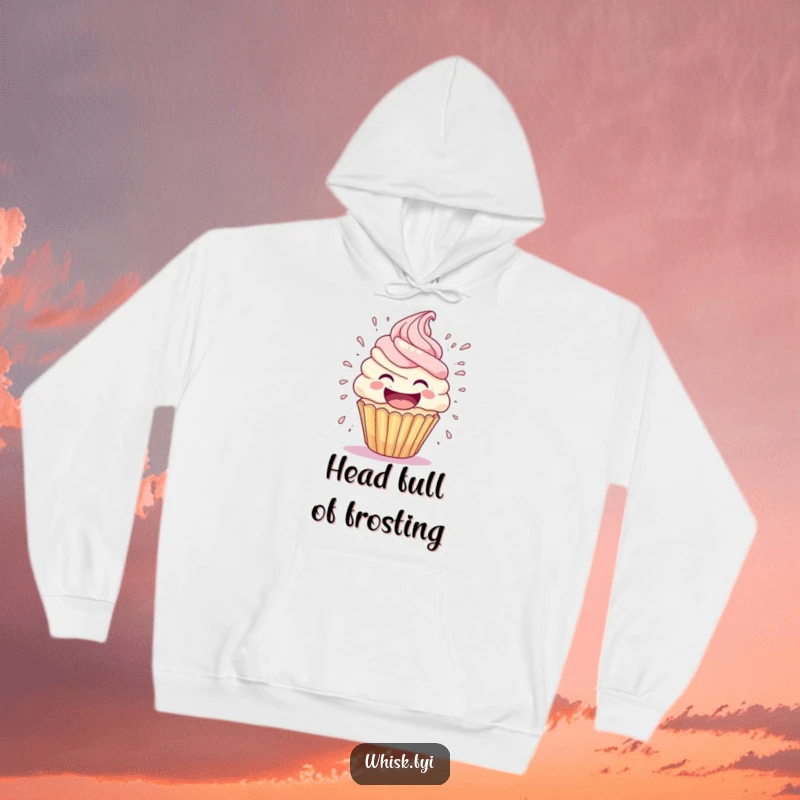Funny cupcake hoodie features a laughing cupcake character with a wild frosting explosion erupting from its head, a humorous and cozy design.