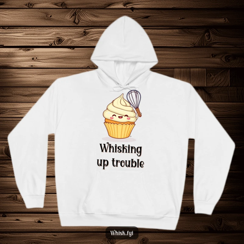 Funny cheerful cupcake joyfully swirling batter with a whisk, captured humorously on a warm hoodie.