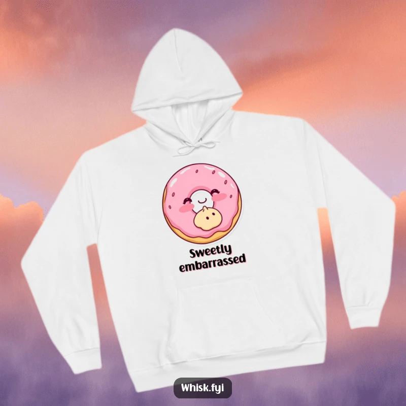 Funny hoodie design of a blushing donut frosting a cookie, exuding shy sweetness and baking warmth.