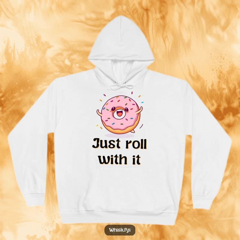 Funny donut hoodie features a happy donut character rolling with enthusiasm, surrounded by a burst of colorful sprinkles, a delightful design.