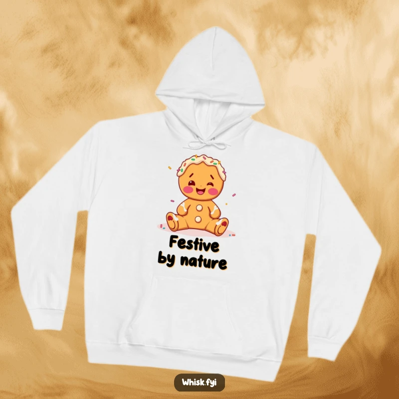 Funny gingerbread man hoodie, happily decorating a festive treat with sprinkles, the epitome of cozy holiday humor.