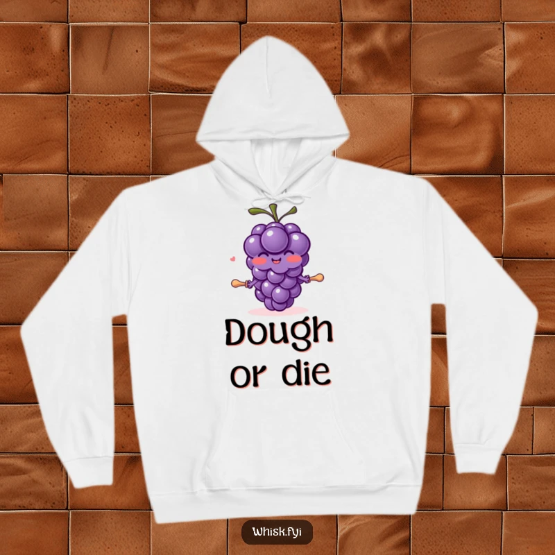 Cozy funny blushing purple grape character with tiny arms joyfully rolling dough with a pin, a hoodie.