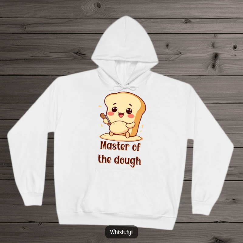Funny Kawaii bread hoodie, featuring a cute and excited bread loaf character kneading dough, perfect for cozy baking sessions.