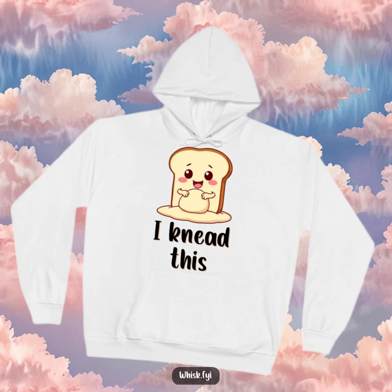 Funny kawaii bread slice enthusiastically kneading dough with a wide smile, printed on a warm hoodie. Perfect for bakers.