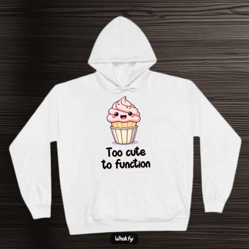 Funny kawaii cupcake hoodie, excitedly popping out of its paper cup, cozy and hilarious dessert apparel, perfect funny gift.