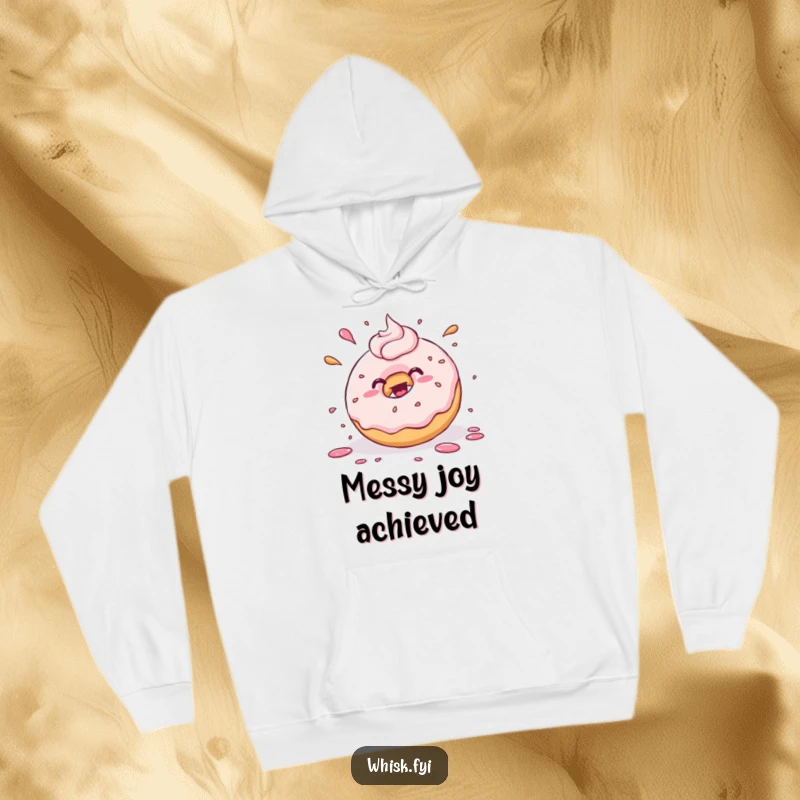 Funny kawaii donut joyfully splattering frosting with playful abandon, printed on a warm hoodie. Perfect for cozy days and sweet cravings.