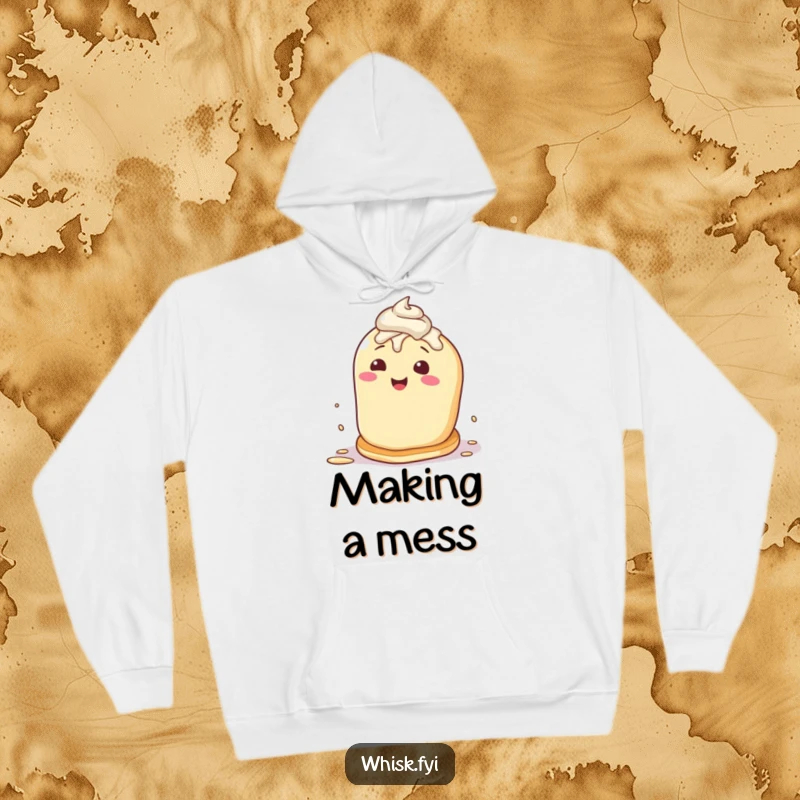 Funny hoodie featuring a happy pancake character mid-self-flip, frosted and slightly messy, radiating breakfast enthusiasm.