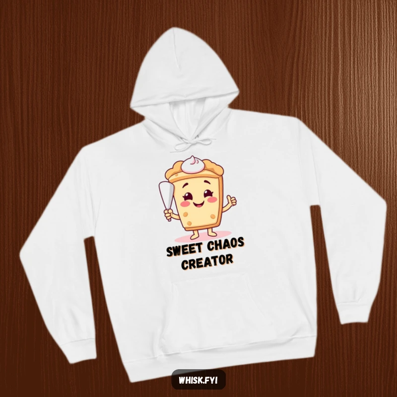 Funny smiling slice of pie character offering a piping bag on a soft hoodie, perfect for cozy baking moments.