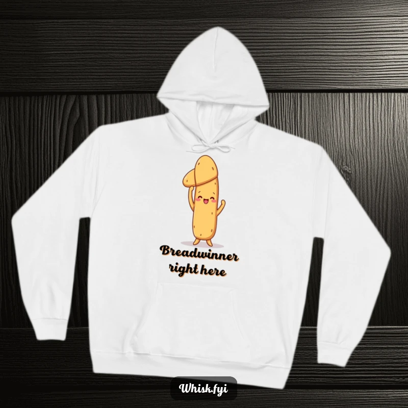 Funny Baguette Hoodie: A proud baguette holding a baked loaf, offering warmth and a humorous celebration of baking triumphs.