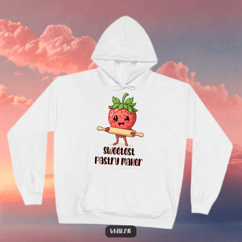 Funny hoodie showing a delighted strawberry wielding a rolling pin with determination, ideal cozy wear for bakers.