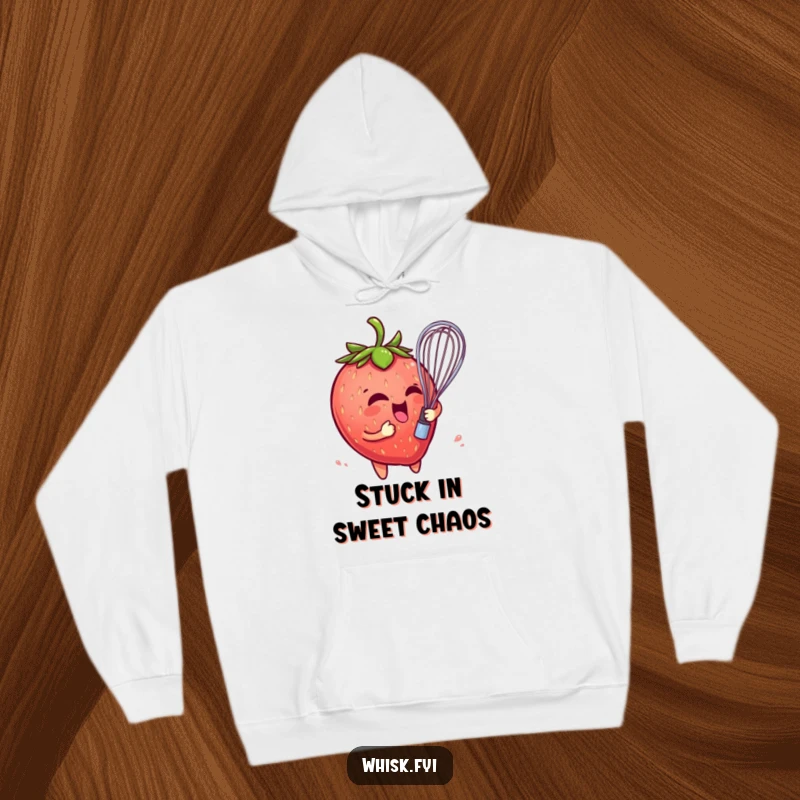 Funny hoodie featuring a playful strawberry character comically entangled in a whisk, offering cozy warmth and fruity-themed humor.