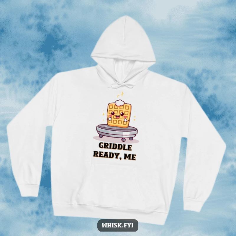 Funny hoodie design of a determined waffle bravely facing a hot griddle, symbolizing breakfast fortitude.