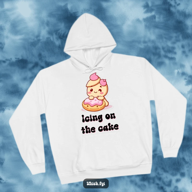Funny Kawaii cookie character delighted and icing another cookie on a cozy hoodie, emphasizing delightful creation.