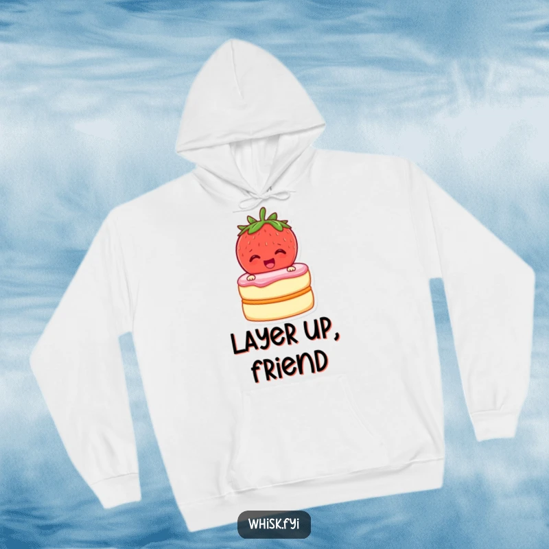 Funny hoodie showing a cheerful strawberry zipping cake layers together, perfect for cozy baking sessions.