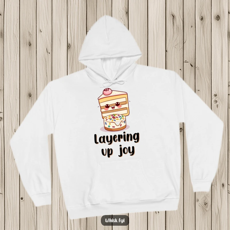 Funny hoodie featuring a joyful slice of cake decorating another cake with sprinkles, perfect for staying warm.