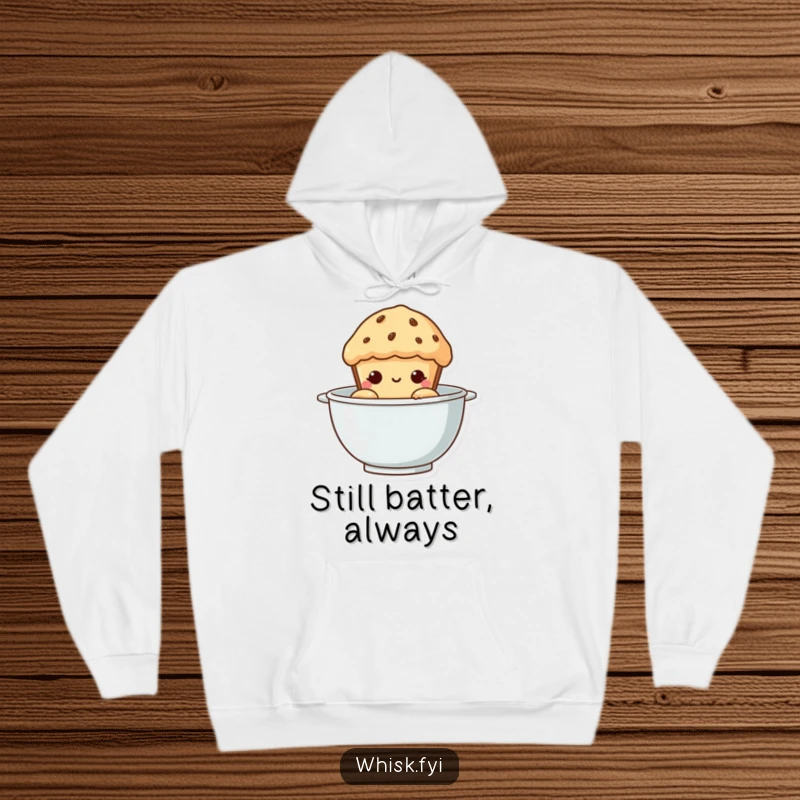 Funny Muffin Hoodie: A curious muffin peeking from a mixing bowl, exuding warmth and a hint of mischief, perfect for cozy humor.