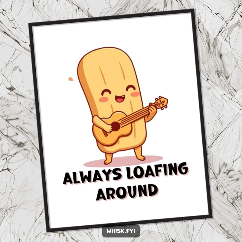 Funny Free Printable Baguette Wall Art: a delighted baguette character energetically playing a small guitar made entirely of pastry.