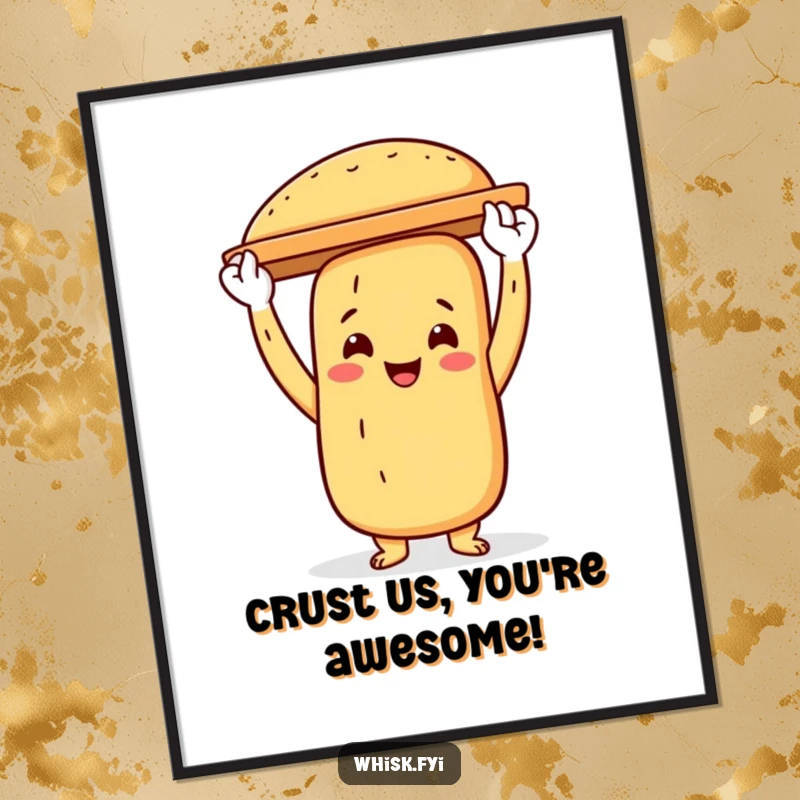 Funny free printable wall art of a proud baguette character artistically holding a baking sheet aloft.