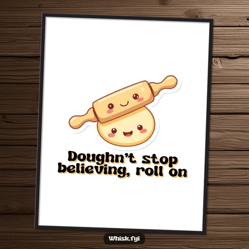 Funny Free Printable Wall Art: A kawaii rolling pin merrily rolls over a smiling piece of dough, creating a scene of baking fun, ready to print.