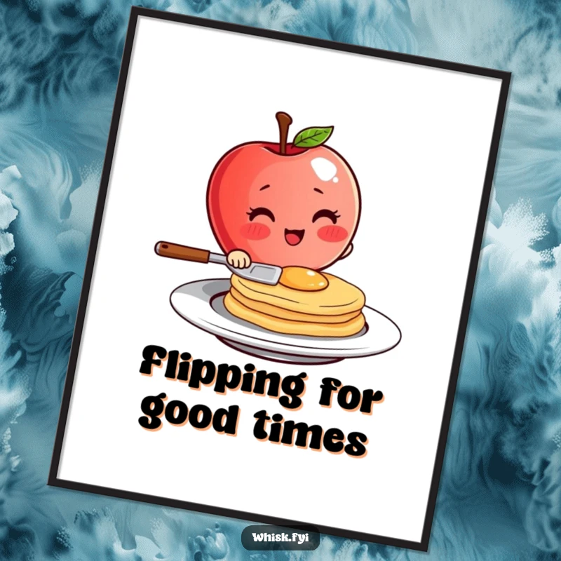Funny Free Printable Wall Art: Blushing red apple character with tiny spatula flipping a pancake with flair, kitchen decor.