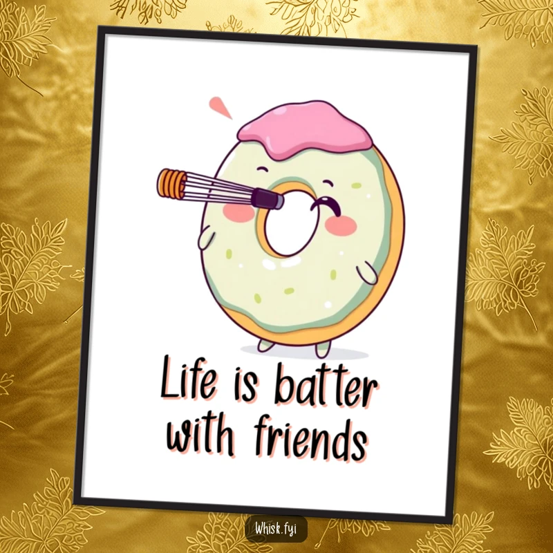 Funny free printable wall art: A delighted donut character balancing a whisk precariously on its nose, perfect kitchen decor.