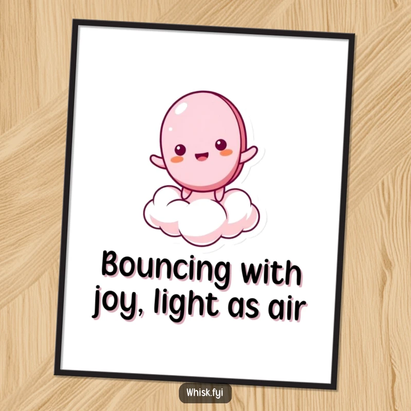 Funny Free Printable Wall Art: A giddy macaron character energetically bouncing on a cloud, a cheerful and whimsical decoration.