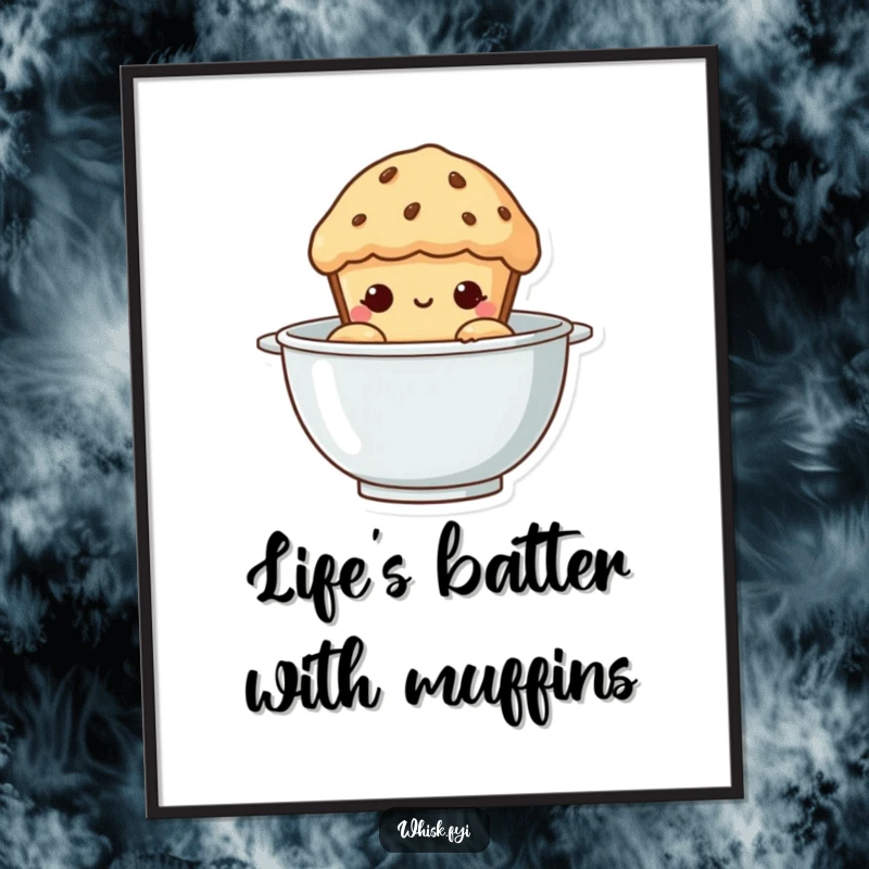 Funny Free Printable Wall Art: A curious muffin peeking from a mixing bowl, adding a touch of whimsical humor to any room. Downloadable art.