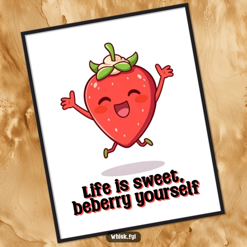 Funny Free Printable Wall Art: A thrilled strawberry doing a happy dance with cream, bringing sweet humor to any wall. Downloadable art.