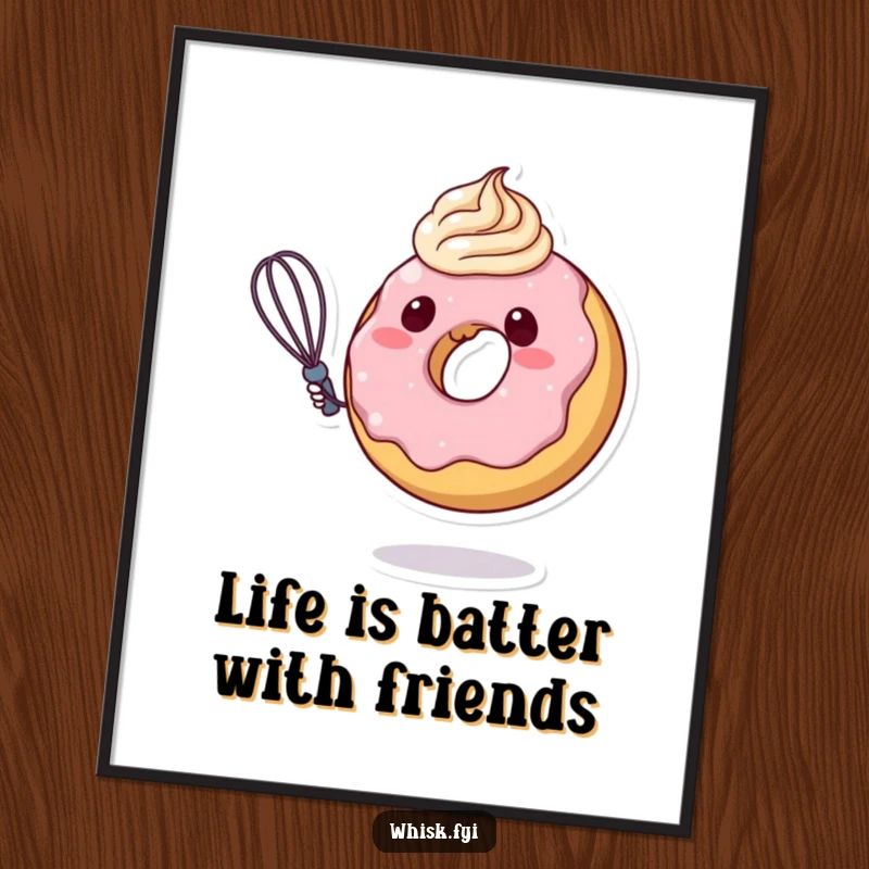 Funny Free Printable Wall Art: Charming donut character enthusiastically whisking a swirl of delicious frosting, adding joy to any room.