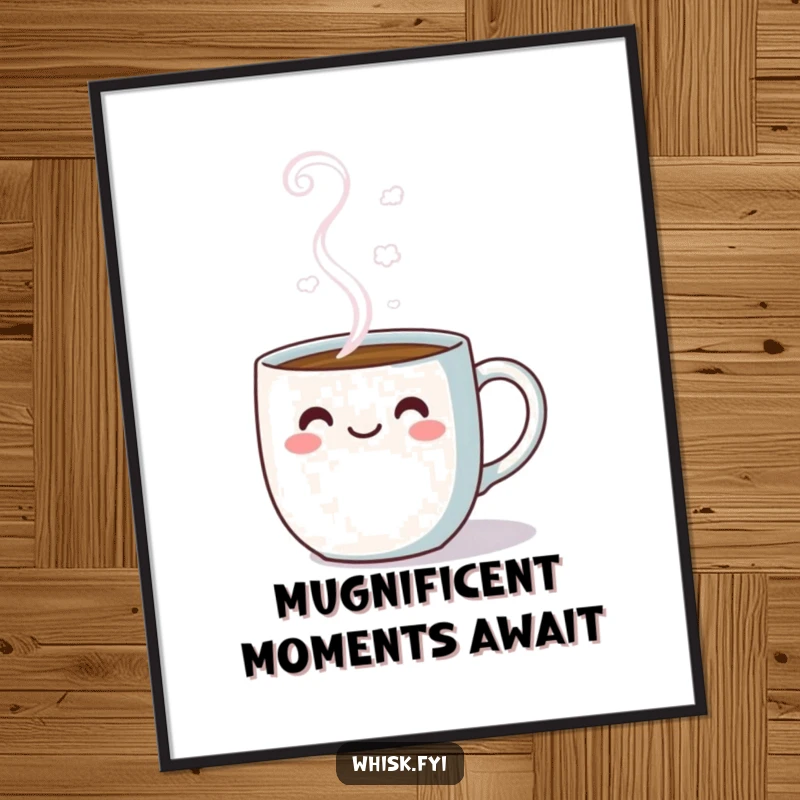 Funny Free Printable Wall Art: A cheerful kawaii coffee mug illustration, steaming with personality and joy.