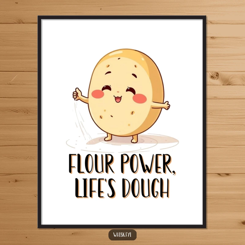 Funny Free Printable Wall Art: A round bread character energetically dusts flour on a surface, creating a whimsical and artistic kitchen accent.