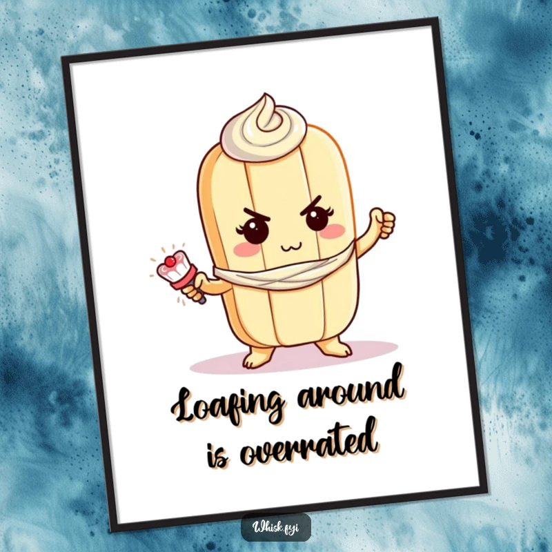 Funny Free Printable Wall Art: A determined baguette character bravely pipes frosting, creating edible art.