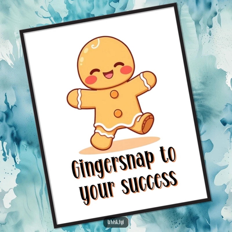 Funny Free Printable Wall Art featuring a giggling Kawaii gingerbread man character doing an energetic happy jig with a wide grin.