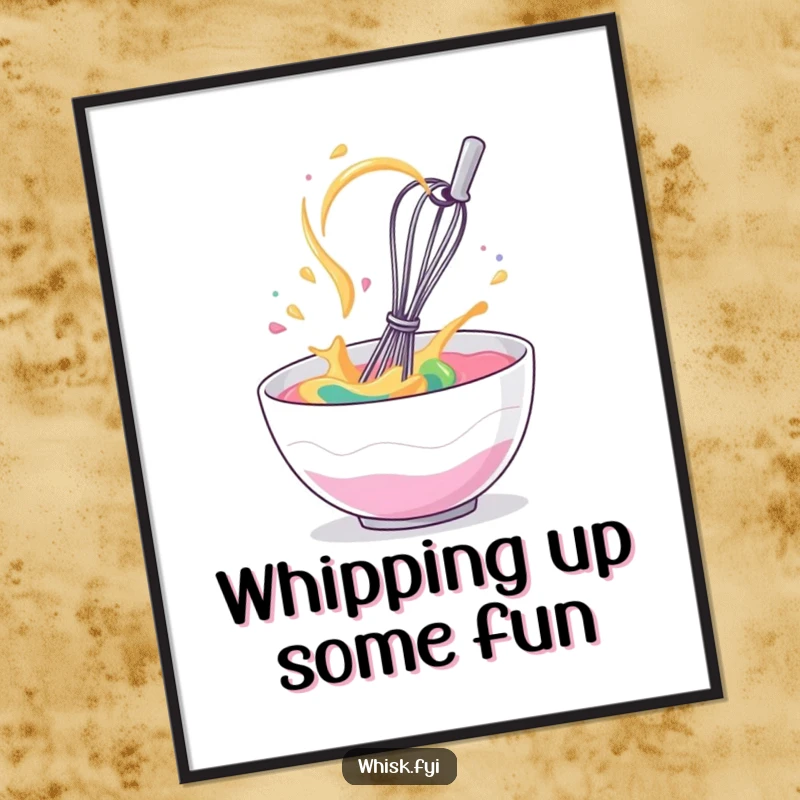 Funny Free Printable wall art: a giggling whisk spins wildly in a bowl of colorful batter, kitchen art.