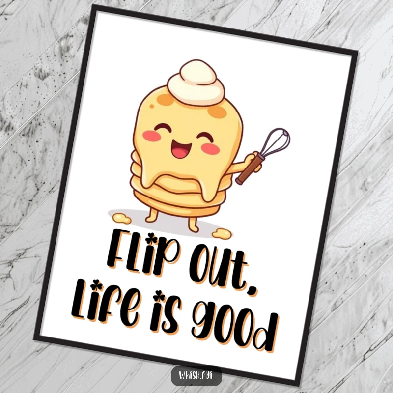 Funny Free Printable Wall Art: Cheerful pancake character flipping batter with a whisk, bringing breakfast-themed humor to your walls.