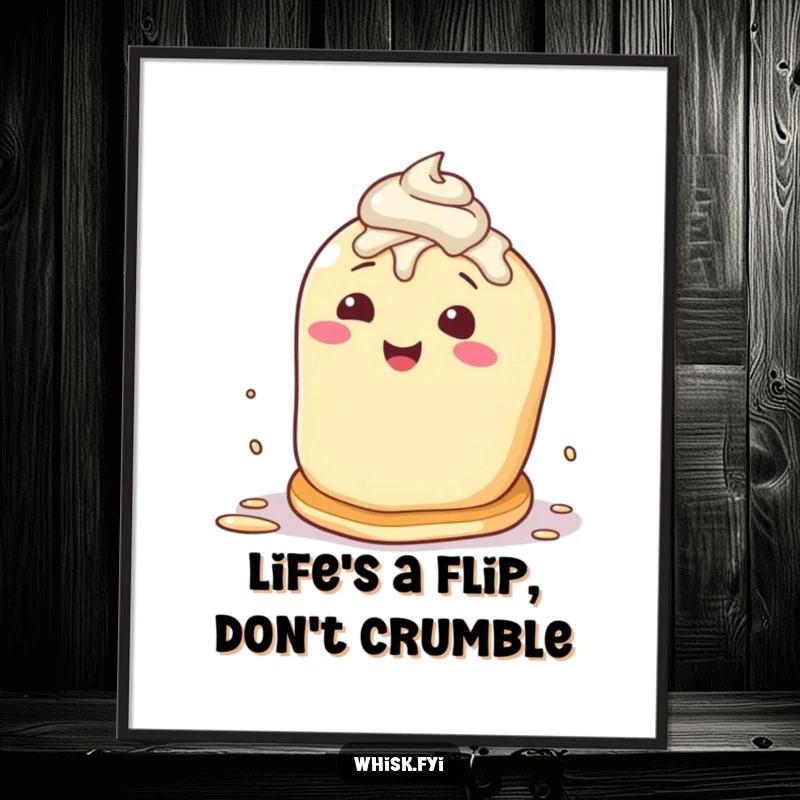 Funny Free Printable Wall Art: Pancake character attempting a flip, frosting splattering around, a humorous and downloadable decor piece.