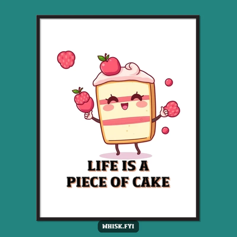 Funny Free Printable Wall Art: Playful Kawaii Cake Slice Juggling Berries Decor