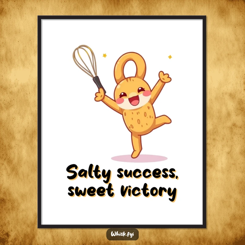 Funny free printable wall art featuring a silly pretzel performing a somersault with a whisk, adding whimsical charm.