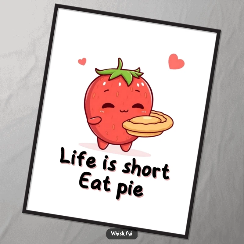 Funny free printable wall art featuring a shy, blushing strawberry character proudly presenting a delicious, perfectly baked pie.
