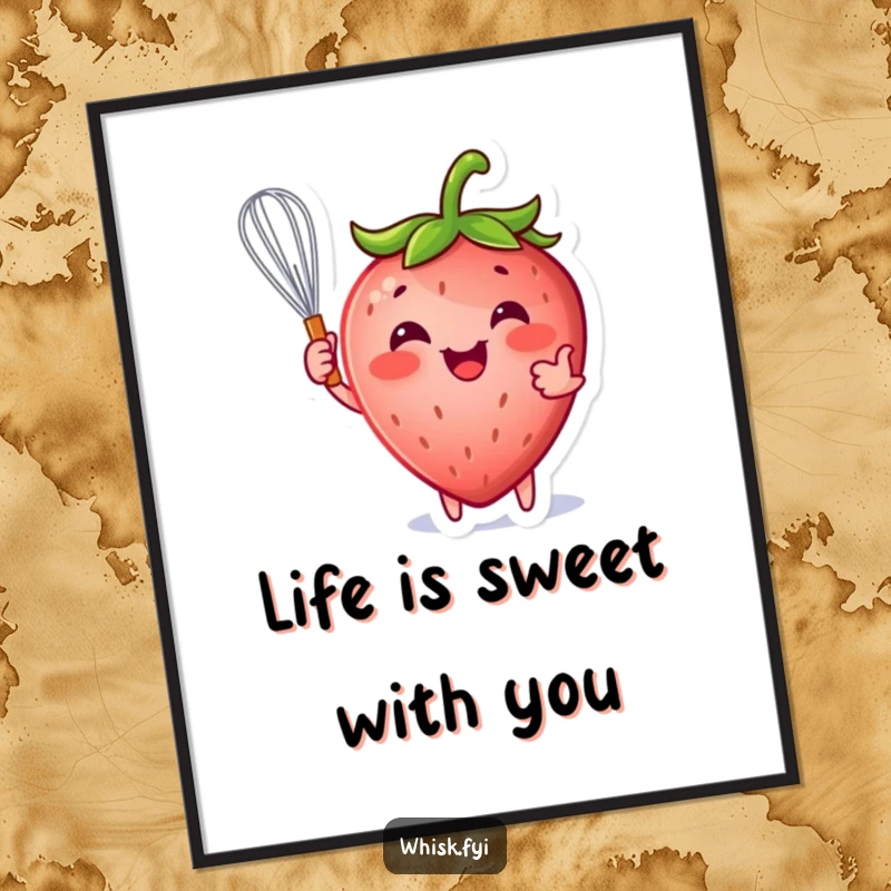 Funny Free Printable Wall Art: A happy strawberry character playfully holds a whisk, ready to add sweetness.