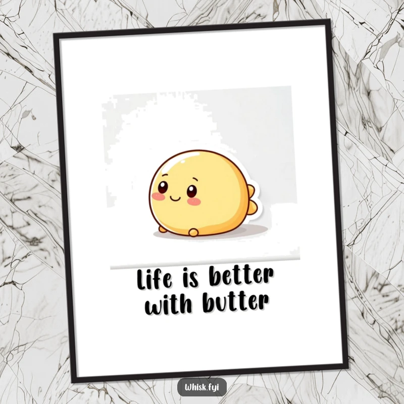 Funny free printable wall art of a cheerful, wobbly butter character smoothly sliding across a slick, reflective surface with joy.