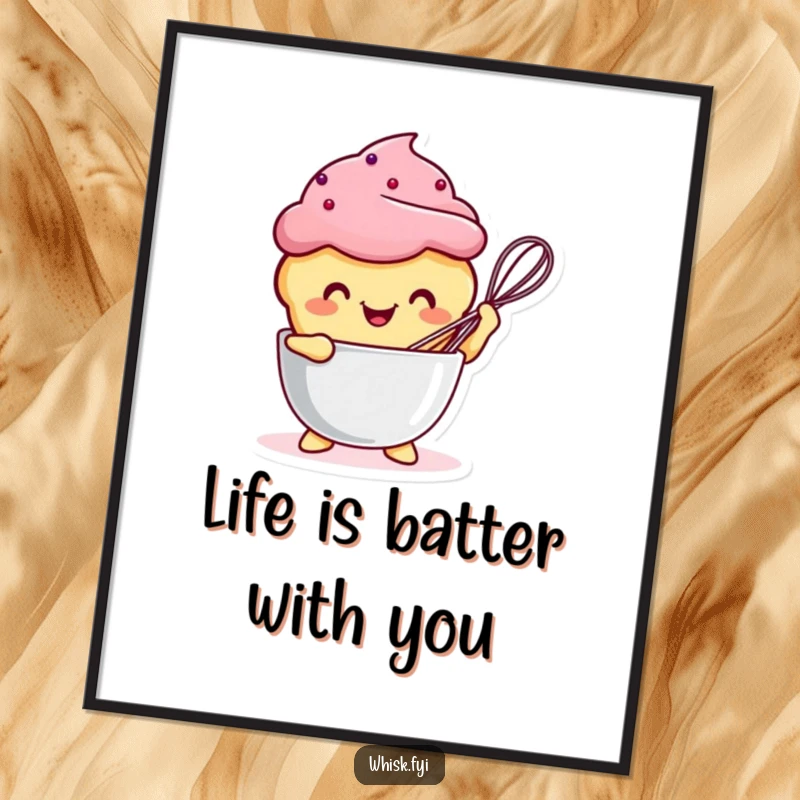 Funny Free Printable Wall Art: A cheerful Kawaii muffin character joyfully whisks batter in a bowl.
