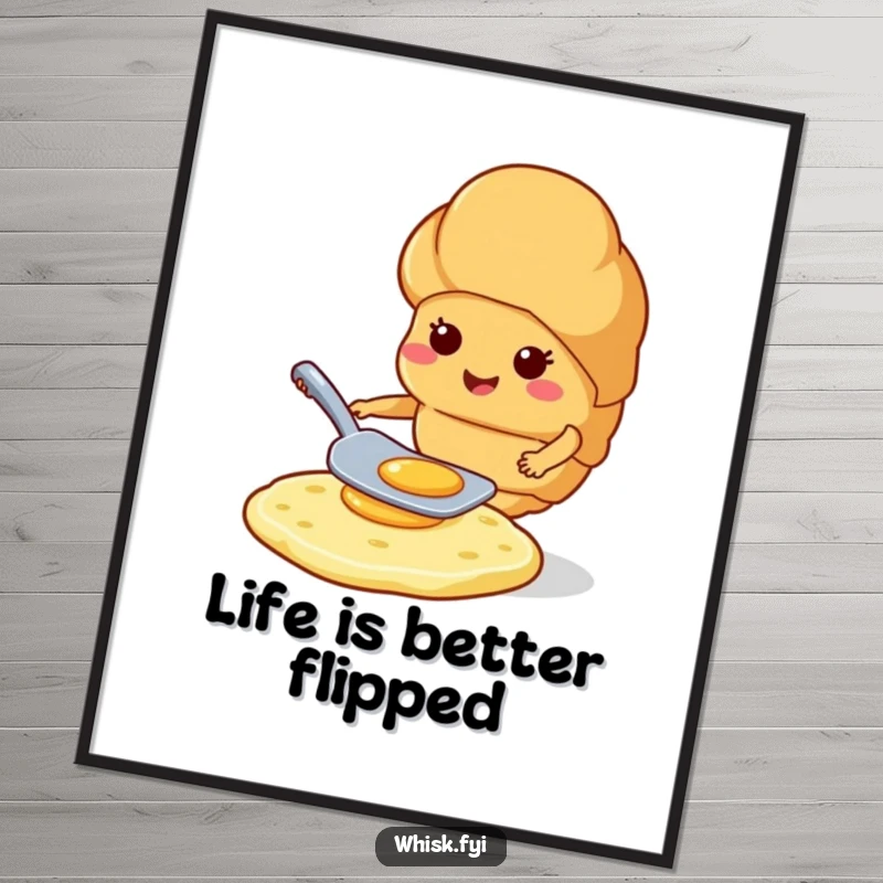 Funny free printable wall art: A smiling croissant expertly flips a pancake with a spatula, embodying breakfast charm and skill.